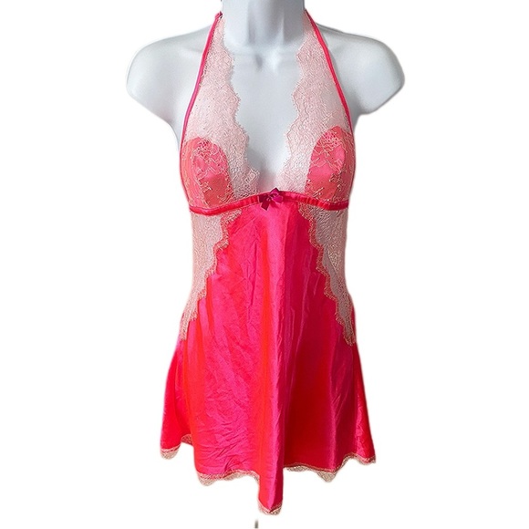 Victoria's Secret Hot Pink Babydoll Slip Dress Lace Trim Y2K Chemise Coquette M - Picture 1 of 10